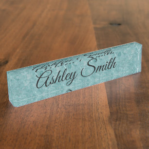 Teal Marble Image with Black Script Font Nameplate