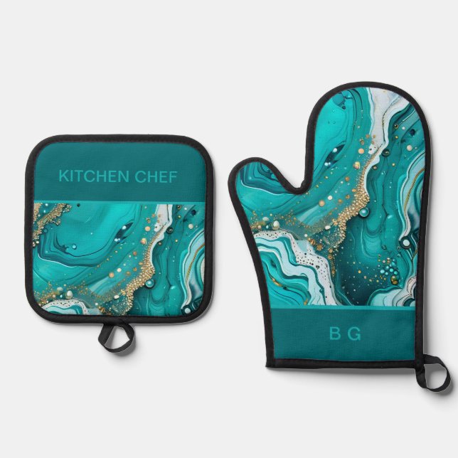 teal marble ocean oven mitt & pot holder set (Front)