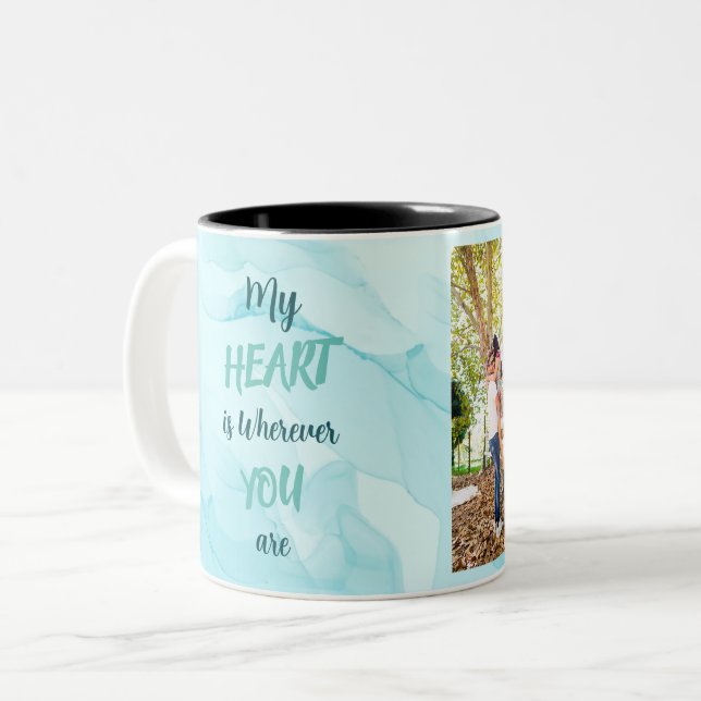 Teal marble personalized two photo  Two-Tone coffee mug (Front Left)
