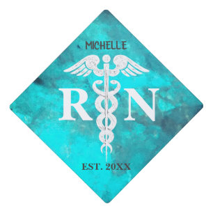 Teal Marble Registered Nurse Caduceus Customized Graduation Cap Topper