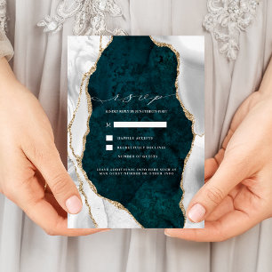 Teal Marble, White & Gold Agate Wedding RSVP Invitation