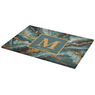 Teal Marble with Gold and Black Veins Monogram Cutting Board