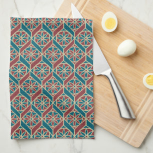 Teal, Maroon, Beige Ethnic Floral Pattern Kitchen Towel