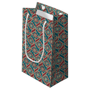 Teal, Maroon, Beige Ethnic Floral Pattern Small Gift Bag
