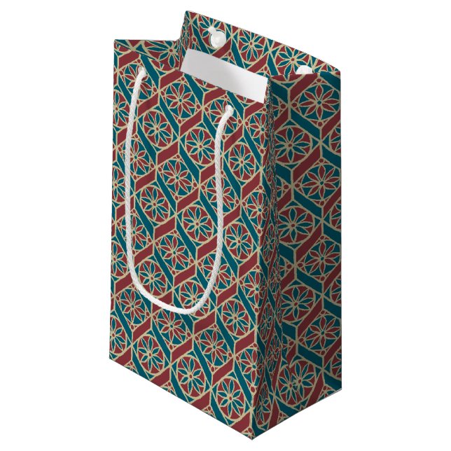 Teal, Maroon, Beige Ethnic Floral Pattern Small Gift Bag (Front Angled)