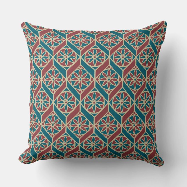 Teal, Maroon, Beige Ethnic Floral Pattern Throw Pillow (Front)