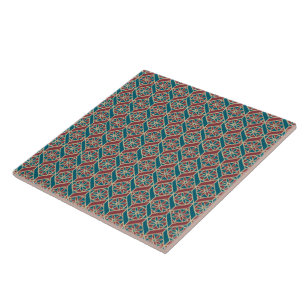 Teal, Maroon, Beige Ethnic Floral Pattern Tile