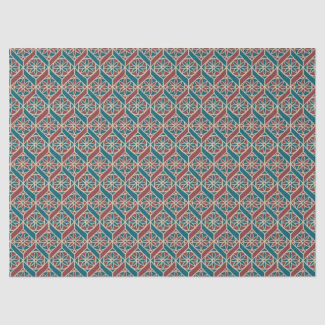 Teal, Maroon, Beige Ethnic Floral Pattern Tissue Paper (Front)