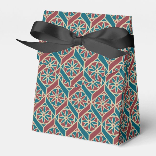 Teal Maroon Beige Ethnic Pattern Flowers, Chevrons Favor Box (Front Side)