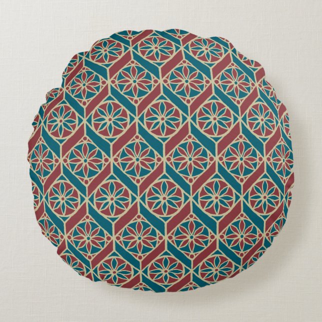 Teal Maroon Beige Ethnic Pattern Flowers, Chevrons Round Pillow (Front)