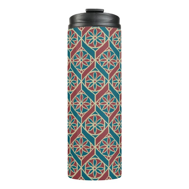 Teal Maroon Beige Ethnic Pattern Flowers, Chevrons Thermal Tumbler (Front)