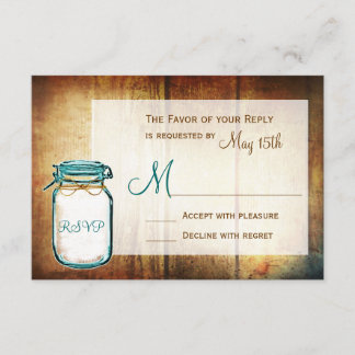 Teal Mason Jar Barn Wood Rustic Wedding RSVP Cards