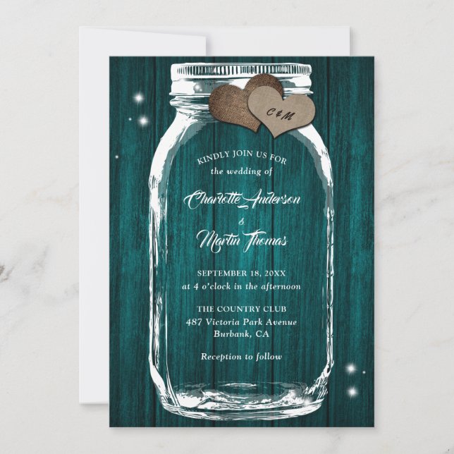 Teal Mason Jar Burlap Hearts Barn Wood Wedding Invitation (Front)