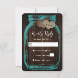 Teal Mason Jar Burlap Hearts Wood Wedding RSVP Card