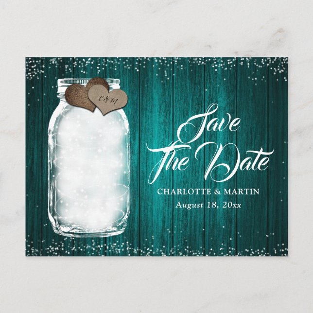 Teal Mason Jar Rustic Wood Wedding Save The Date Announcement Postcard (Front)