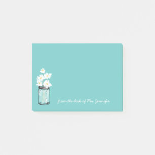 Teal Mason Jar White Daisy Floral Personalize Note