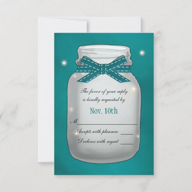 Teal Mason Jar with Fireflies RSVP Card (Front)