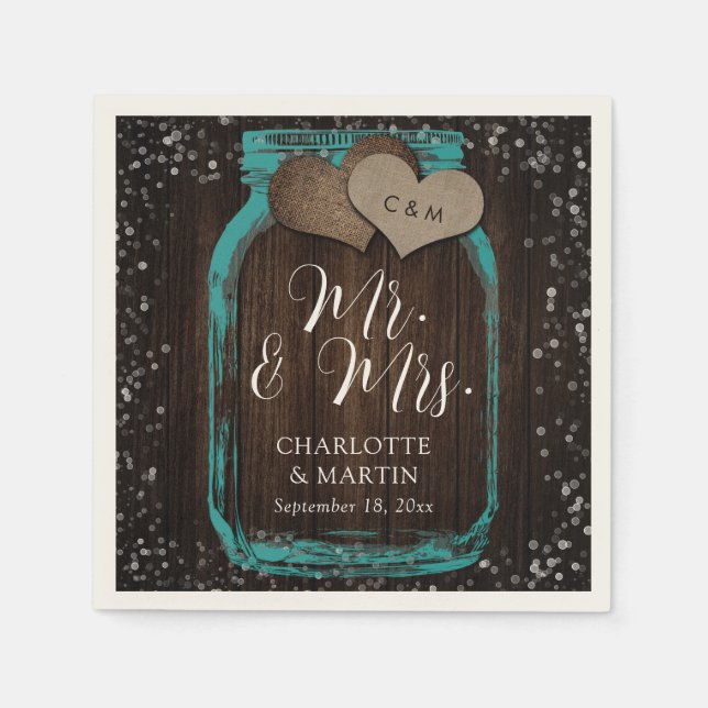 Teal Mason Jar Wood Mr. & Mrs. Wedding Napkin (Front)