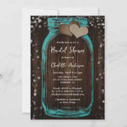 Teal Mason Jar Wood Rustic Bridal Shower Invitation