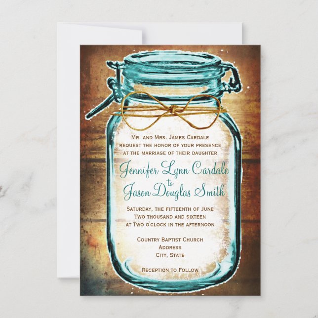 Teal Mason Jar Wood Rustic Wedding Invitations (Front)
