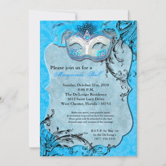 Teal Masquerade Ball Mask Costume Halloween Part Invitation (Front)