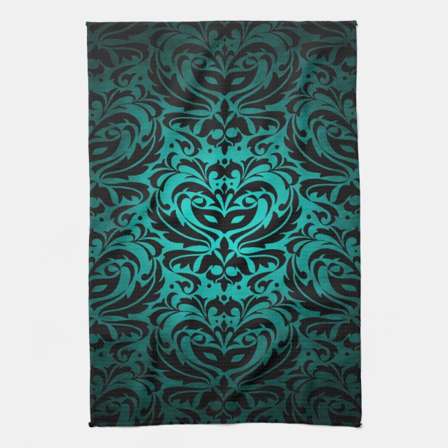 Teal Masquerade Damask Stylish Kitchen Towels (Vertical)