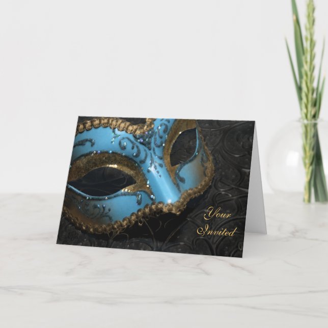 Teal Masquerade Mask Invitation Card (Front)