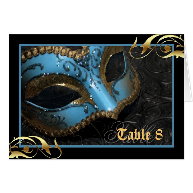 Teal Masquerade Mask Table Number Card (Front Horizontal)