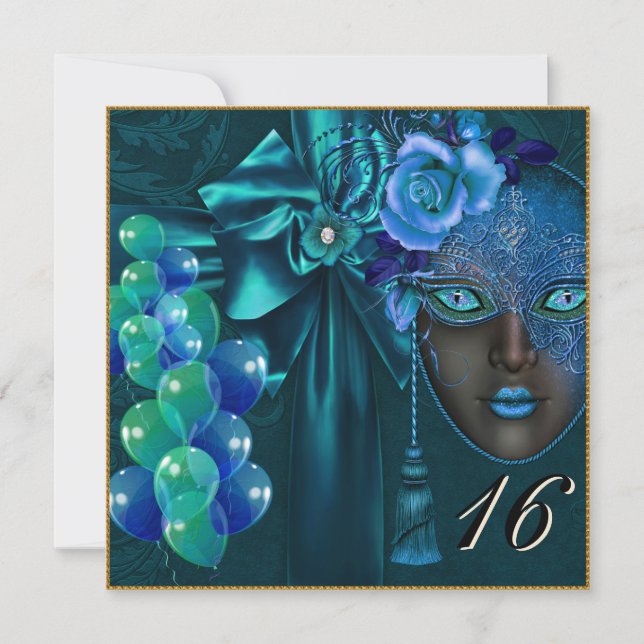 Teal Masquerade Venetian Mask Sweet 16 Invitation (Front)