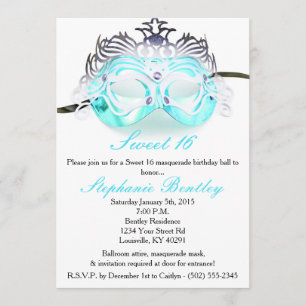 Teal Masquerade Zebra Sweet 16 Birthday Invitation