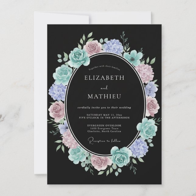 Teal Mauve Botanical Romance Wedding Invitation (Front)