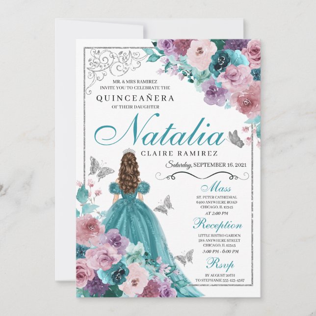 Teal & Mauve Ocean Sunset Princess Quinceanera Invitation (Front)