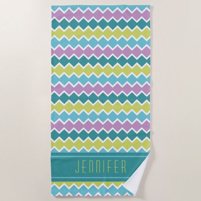 Teal Mauve Pattern Personalized Beach Towel (Front)