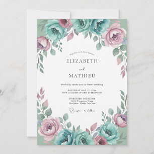 Teal Mauve Ranunculus Eucalyptus Wedding Invitation