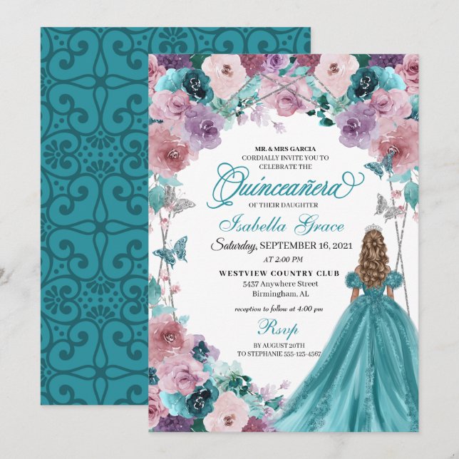 Teal & Mauve Sunset Quinceanera Princess Invitation (Front/Back)