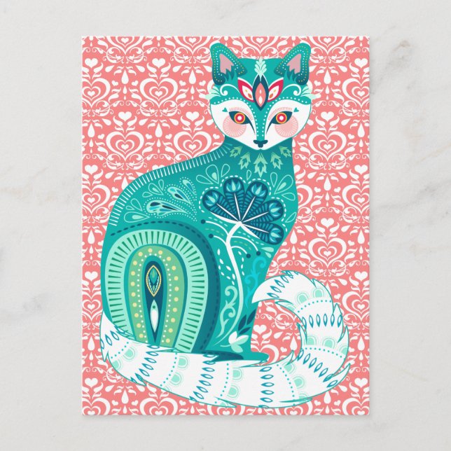 Teal Maximalist Cat in Folk Floral - Pink Postcard (Front)