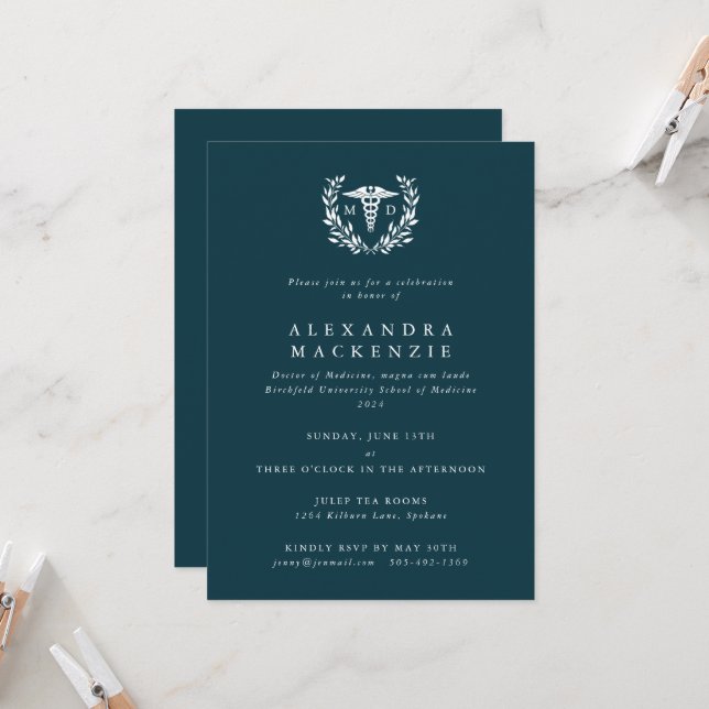 Teal MD Caduceus+Laurel Wreath Graduation Invitation (Front/Back In Situ)