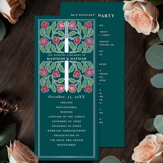 Teal Medieval Floral Silver Sword Royal Wedding Program (Creator Uploaded)