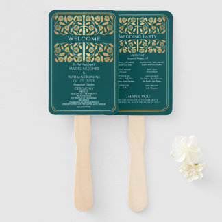 Teal Medieval Gold Sword Royal Wedding Program Hand Fan