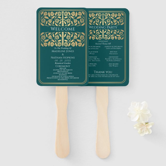 Teal Medieval Gold Sword Royal Wedding Program Hand Fan (Front and Back)