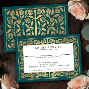 Teal Medieval Gold Sword Royal Wedding RSVP Card