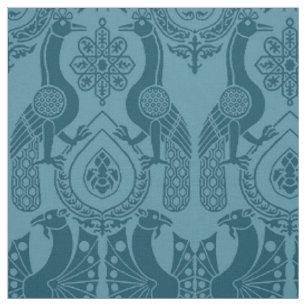 Teal Medieval Peacocks and Dragons Fabric