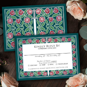 Teal Medieval Silver Floral Sword Royal Wedding RSVP Card