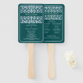 Teal Medieval Silver Sword Royal Wedding Program Hand Fan