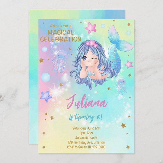 Teal Mermaid Birthday Invitation (Front/Back)