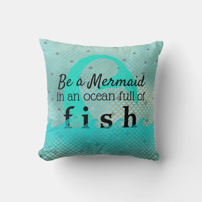 Teal Mermaid Inspirational Quote Gold Beach House Throw Pillow (Front)