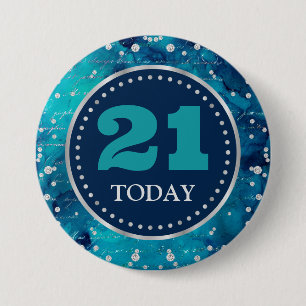 Teal Mermaid Letters Pattern & Glitter Birthday 3 Inch Round Button