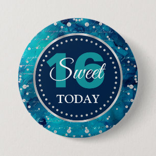 Teal Mermaid Letters Pattern & Glitter Sweet 16 3 Inch Round Button