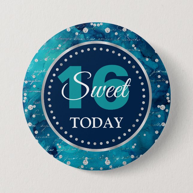 Teal Mermaid Letters Pattern & Glitter Sweet 16 3 Inch Round Button (Front)
