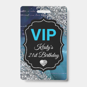 Teal Mermaid Letters Silver Glitter Birthday VIP Badge